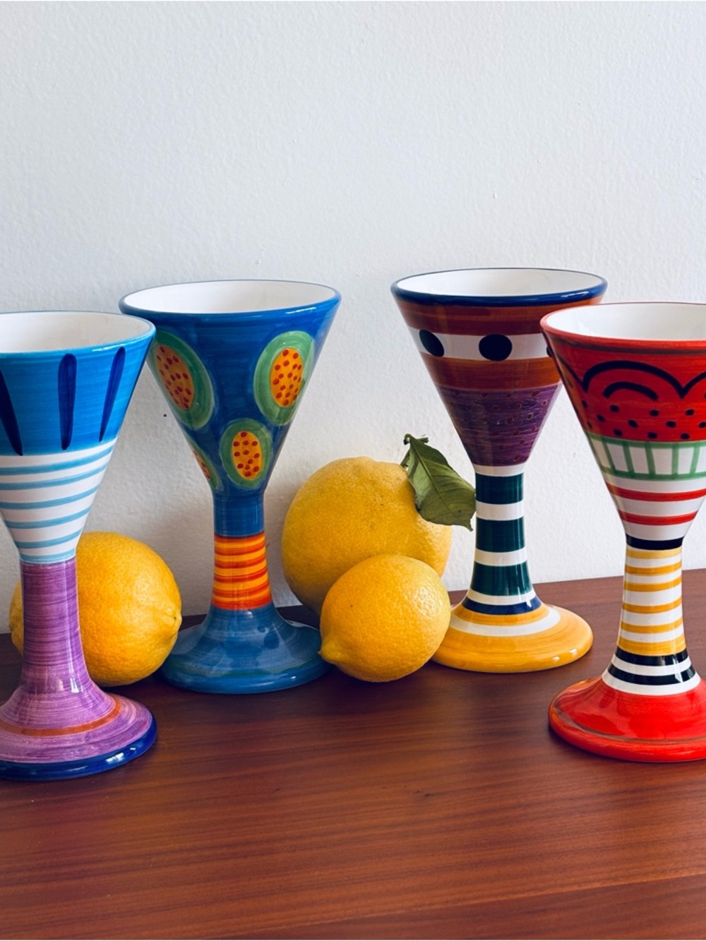 Deruta Italy Colorful Striped & Patterned Ceramic Goblet Glasses - Set of 4